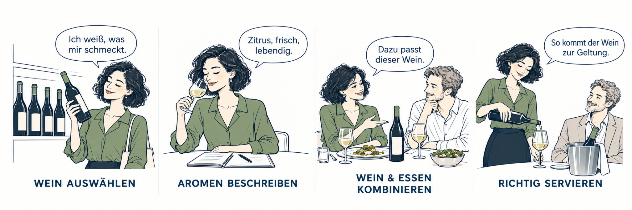 Wein auswählen: Eine Frau sucht eine Flasche im Weinregal aus und sagt: Ich weiß, was mir schmeckt. Aromen beschreiben: Die Frau riecht an einem Glas Weißwein und beschreibt ihn als Zitrus, frisch, lebendig. Wein und Essen kombinieren: Die Frau empfiehlt beim gemeinsamen Essen einen passenden Wein: Dazu passt dieser Wein. Richtig servieren: Die Frau schenkt gekühlten Weißwein ein und sagt: So kommt der Wein zur Geltung.